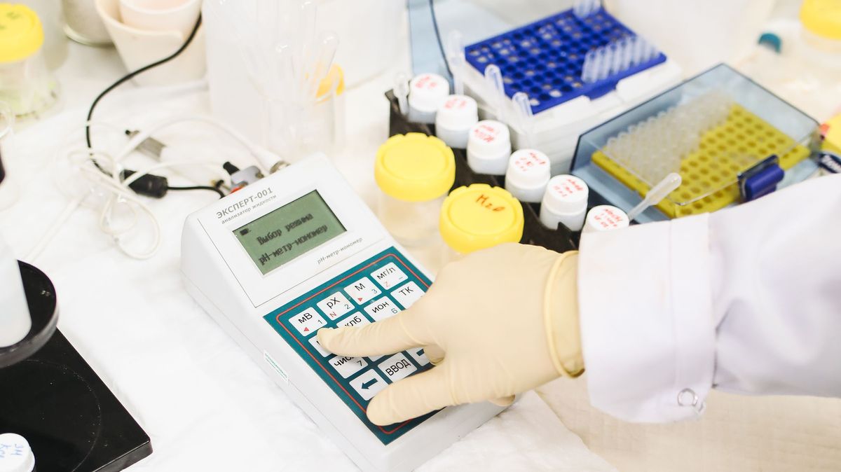 Laboratory bench with labelled sample racks